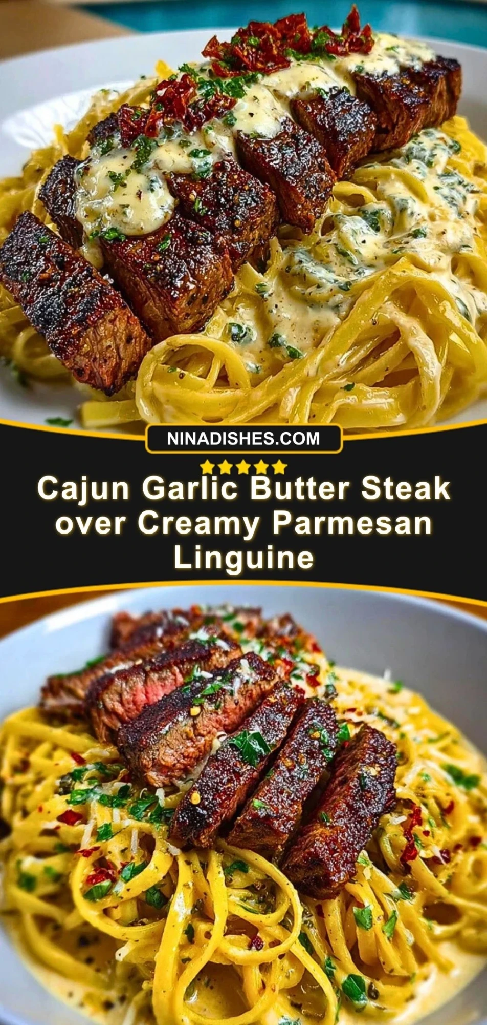 Cajun Garlic Butter Steak over Creamy Parmesan Linguine Pin 2