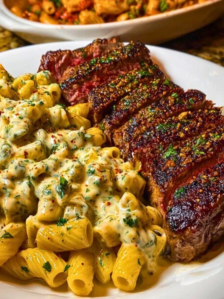 Cheesy Cajun Garlic Butter Steak with Creamy Rigatoni 2