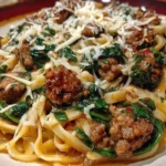 Cheesy Garlic Butter Linguine with Beef, Sausage and Spinach 1