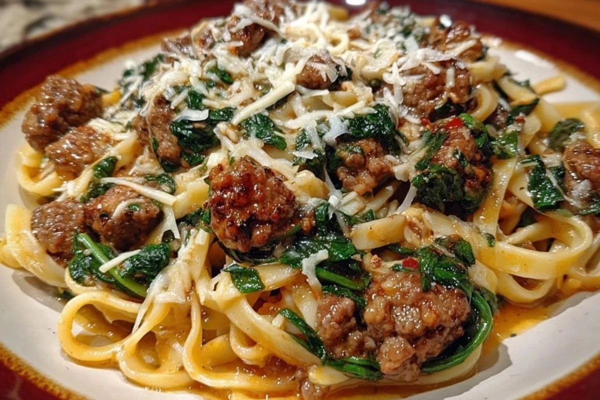 Cheesy Garlic Butter Linguine with Beef, Sausage and Spinach 1