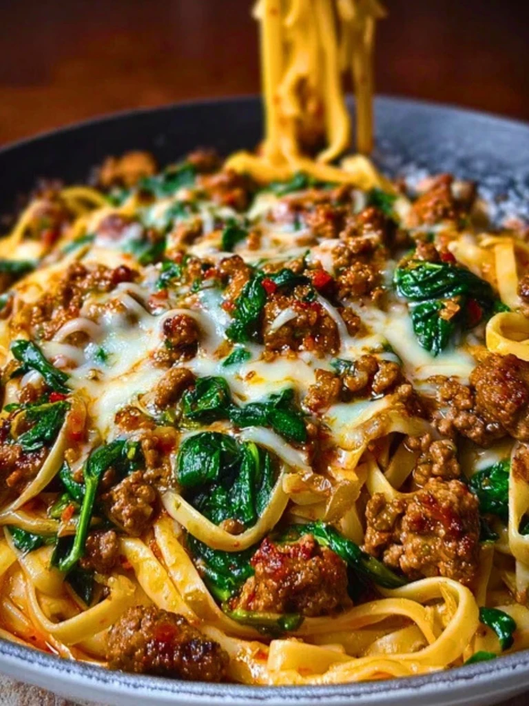 Cheesy Garlic Butter Linguine with Beef, Sausage and Spinach 2