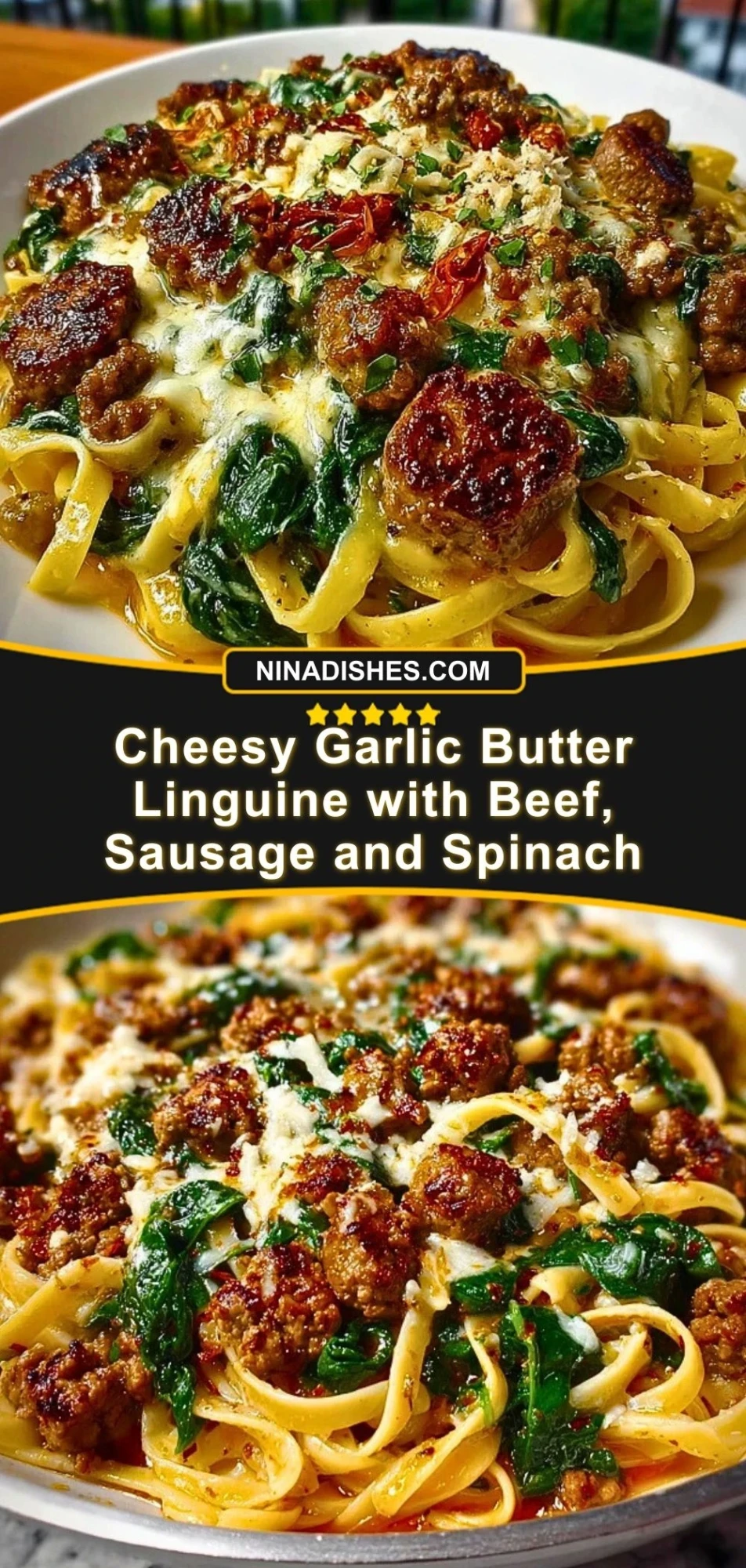 Cheesy Garlic Butter Linguine with Beef, Sausage and Spinach Pin 2