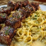 Cheesy Garlic Steak Bites over Creamy Linguine Pasta 1