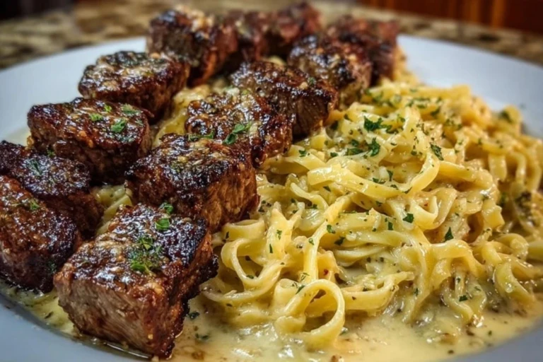 Cheesy Garlic Steak Bites over Creamy Linguine Pasta 1