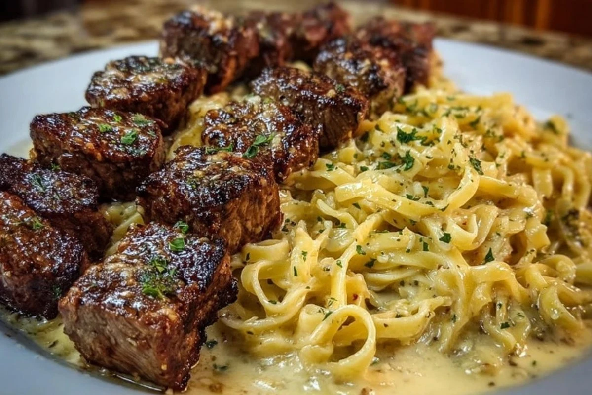 Cheesy Garlic Steak Bites over Creamy Linguine Pasta 1