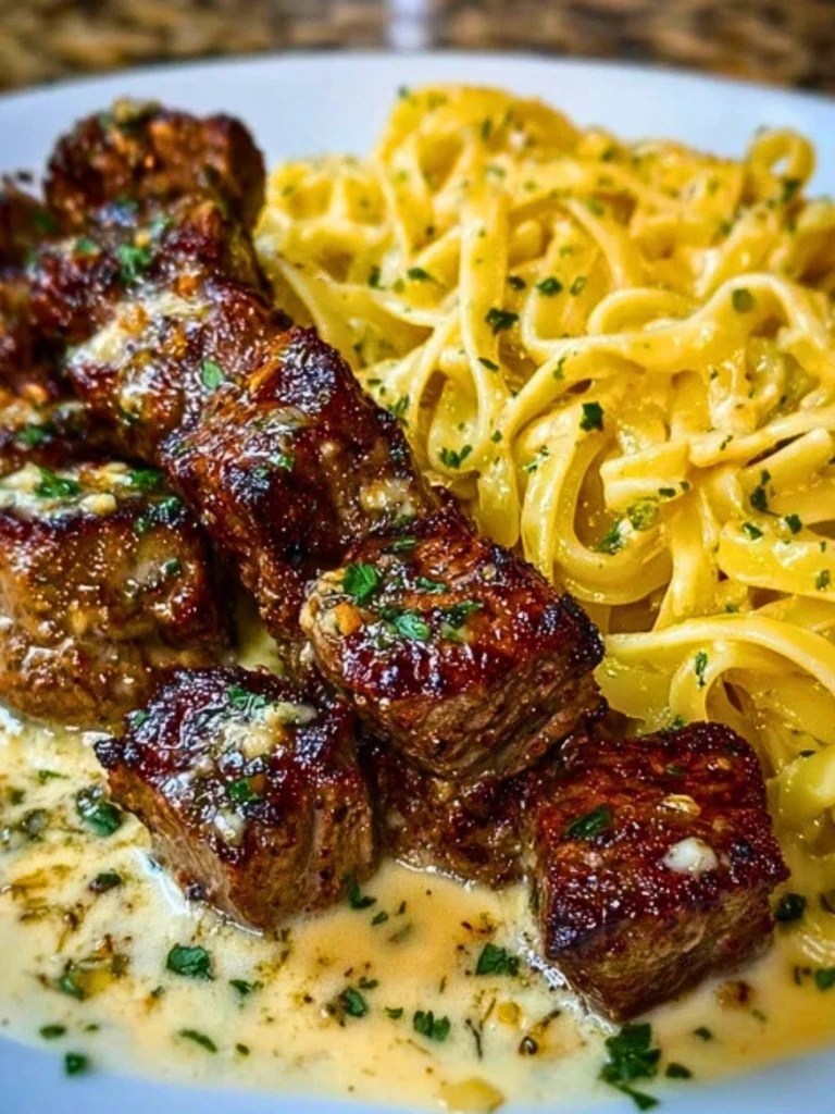 Cheesy Garlic Steak Bites over Creamy Linguine Pasta 2