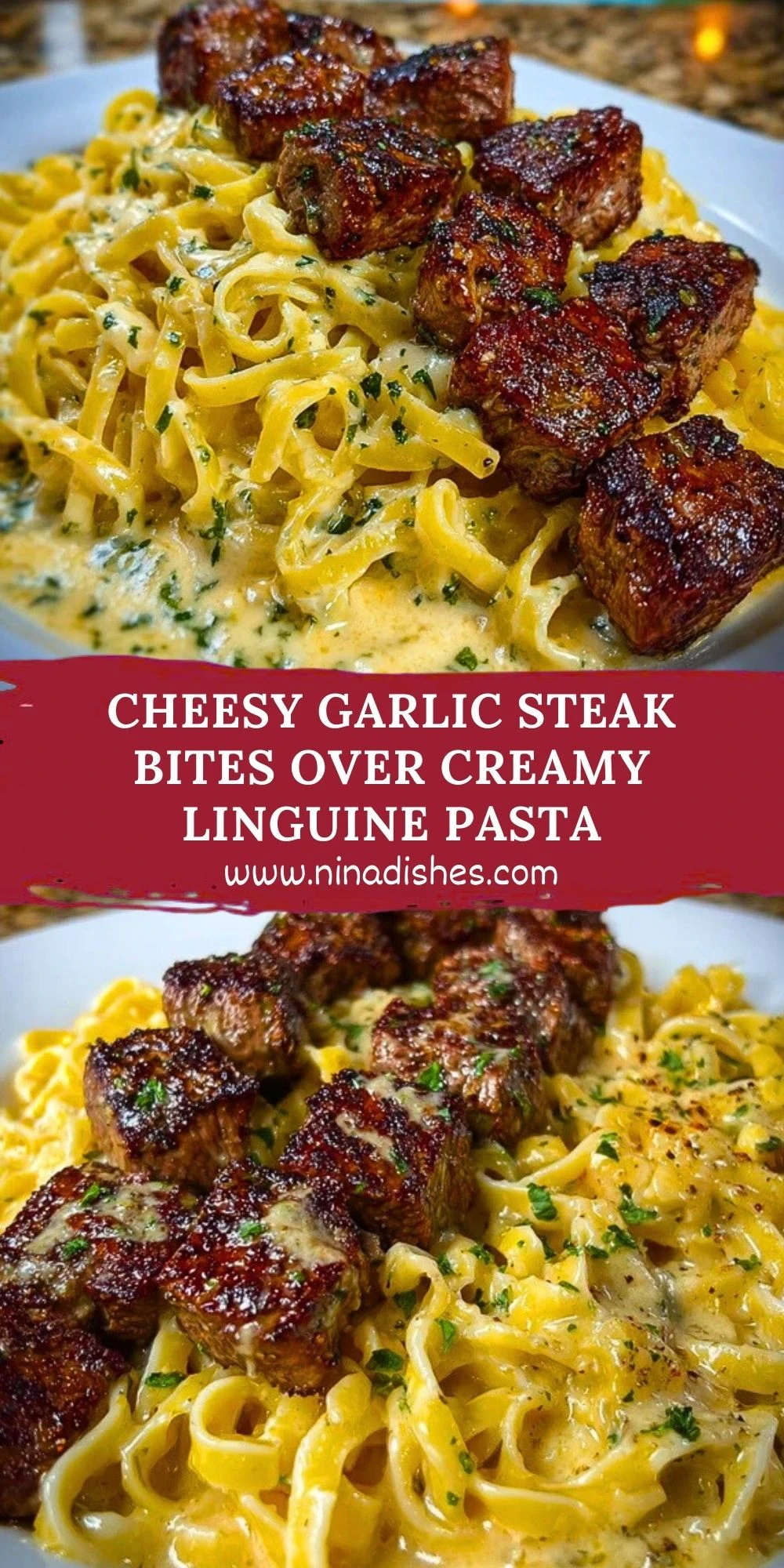 Cheesy Garlic Steak Bites over Creamy Linguine Pasta Pin 1