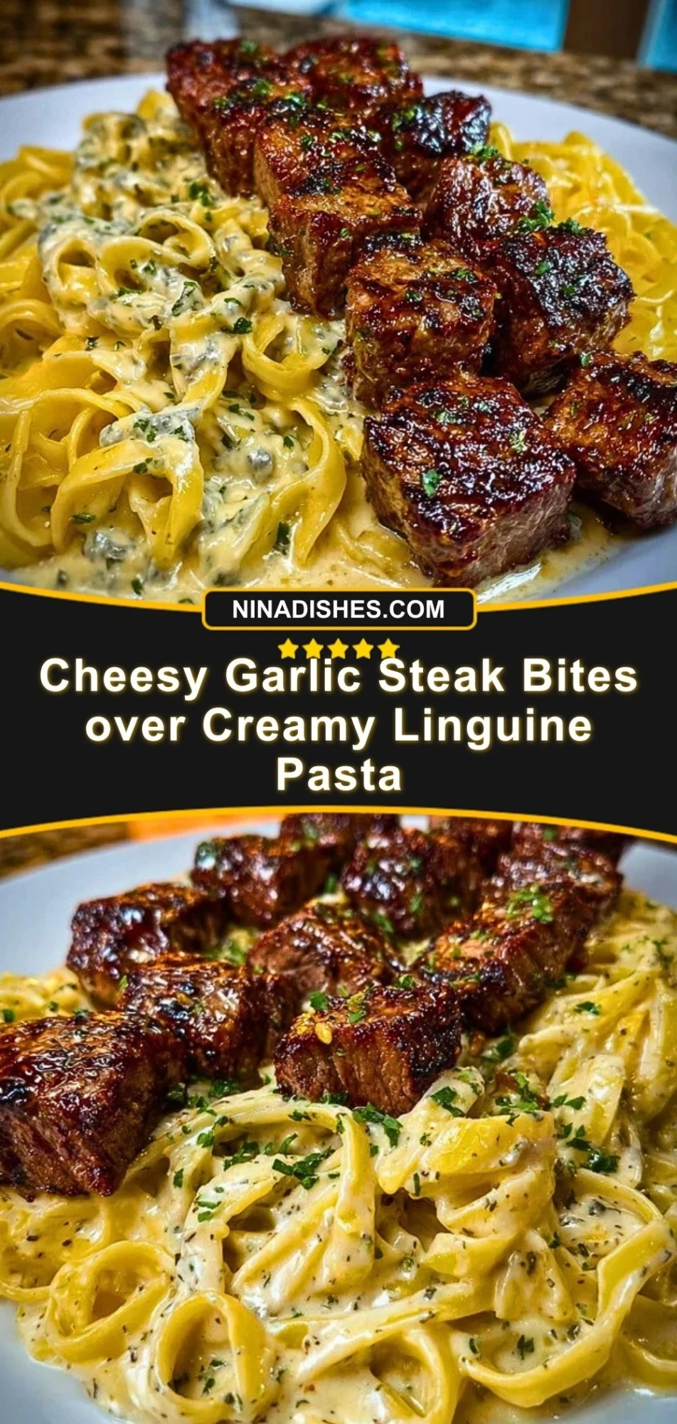 Cheesy Garlic Steak Bites over Creamy Linguine Pasta Pin 2