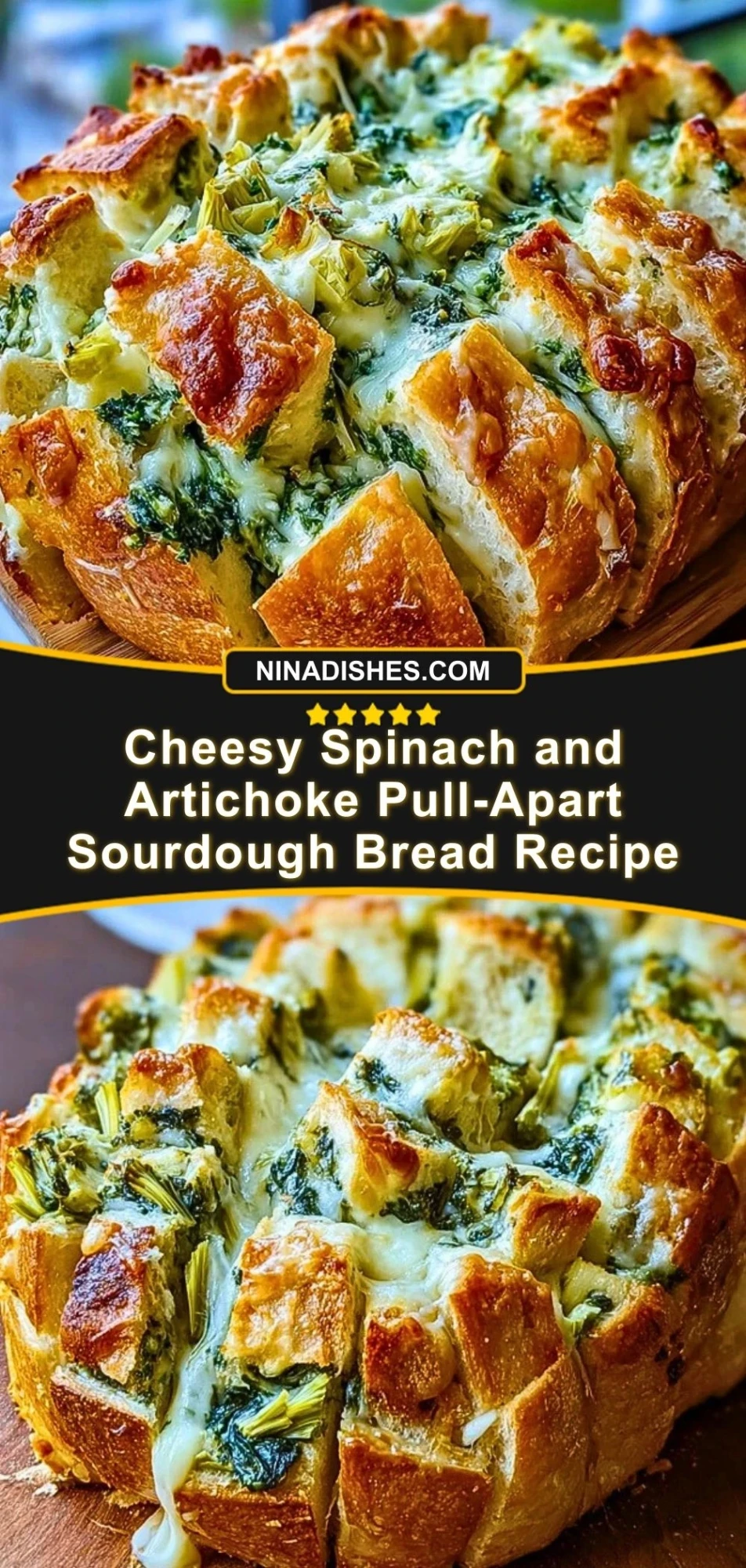 Cheesy Spinach and Artichoke Pull-Apart Sourdough Bread Recipe Pin 2