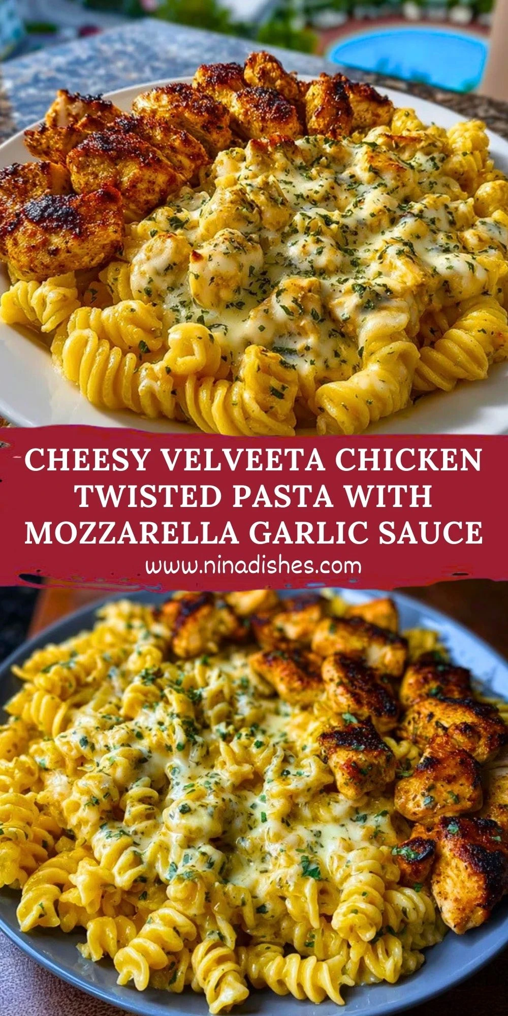 Cheesy Velveeta Chicken Twisted Pasta with Mozzarella Garlic Sauce Pin 1