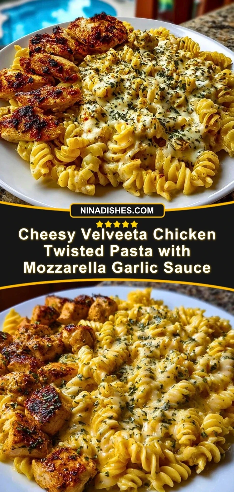 Cheesy Velveeta Chicken Twisted Pasta with Mozzarella Garlic Sauce Pin 2