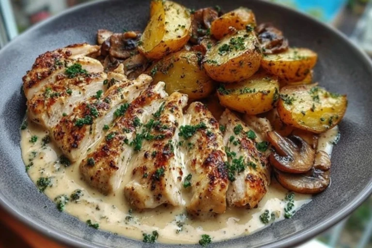 Chestnut Garlic Greek Chicken Alfredo with Sage Potatoes & Mushroom Basil Pesto 1