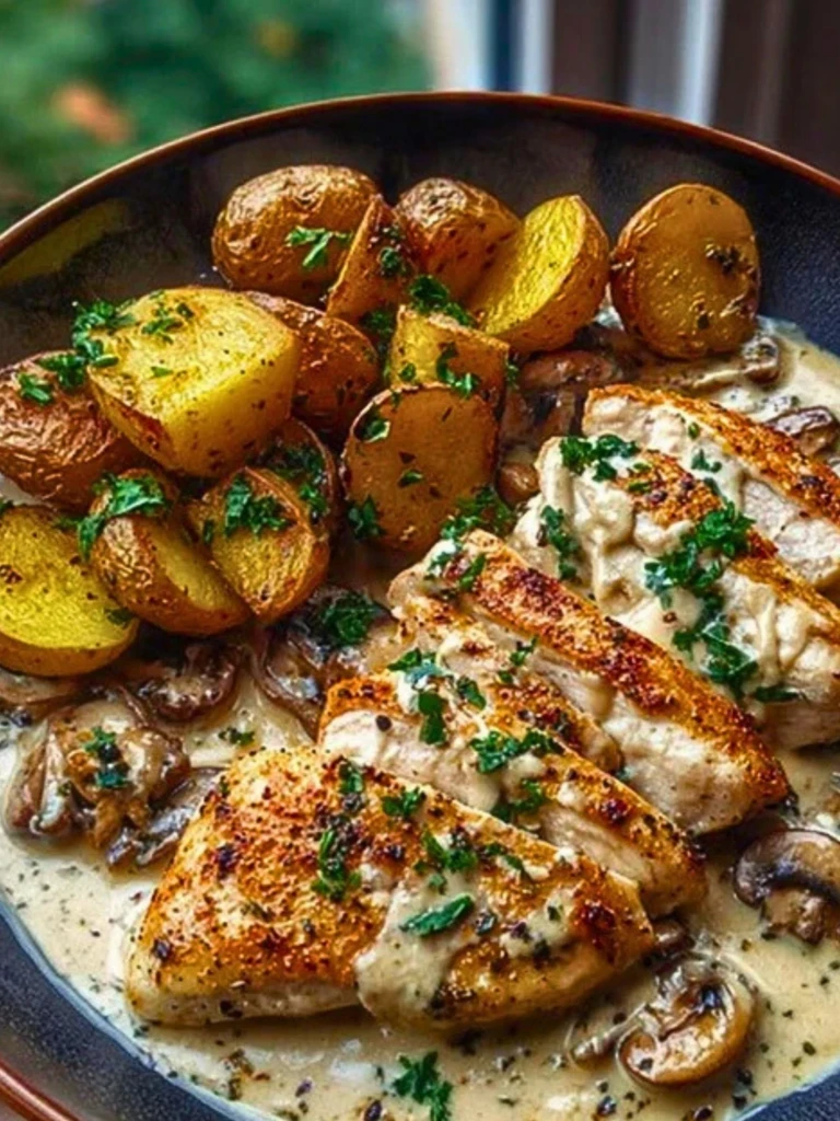 Chestnut Garlic Greek Chicken Alfredo with Sage Potatoes & Mushroom Basil Pesto 2