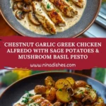 Chestnut Garlic Greek Chicken Alfredo with Sage Potatoes & Mushroom Basil Pesto Pin 1