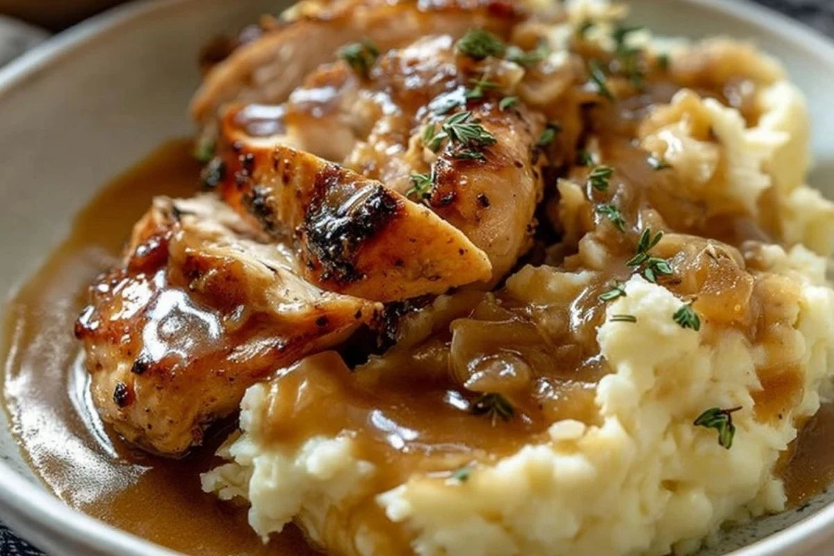 Chicken and Garlic Gravy with Cheesy Mashed Potatoes