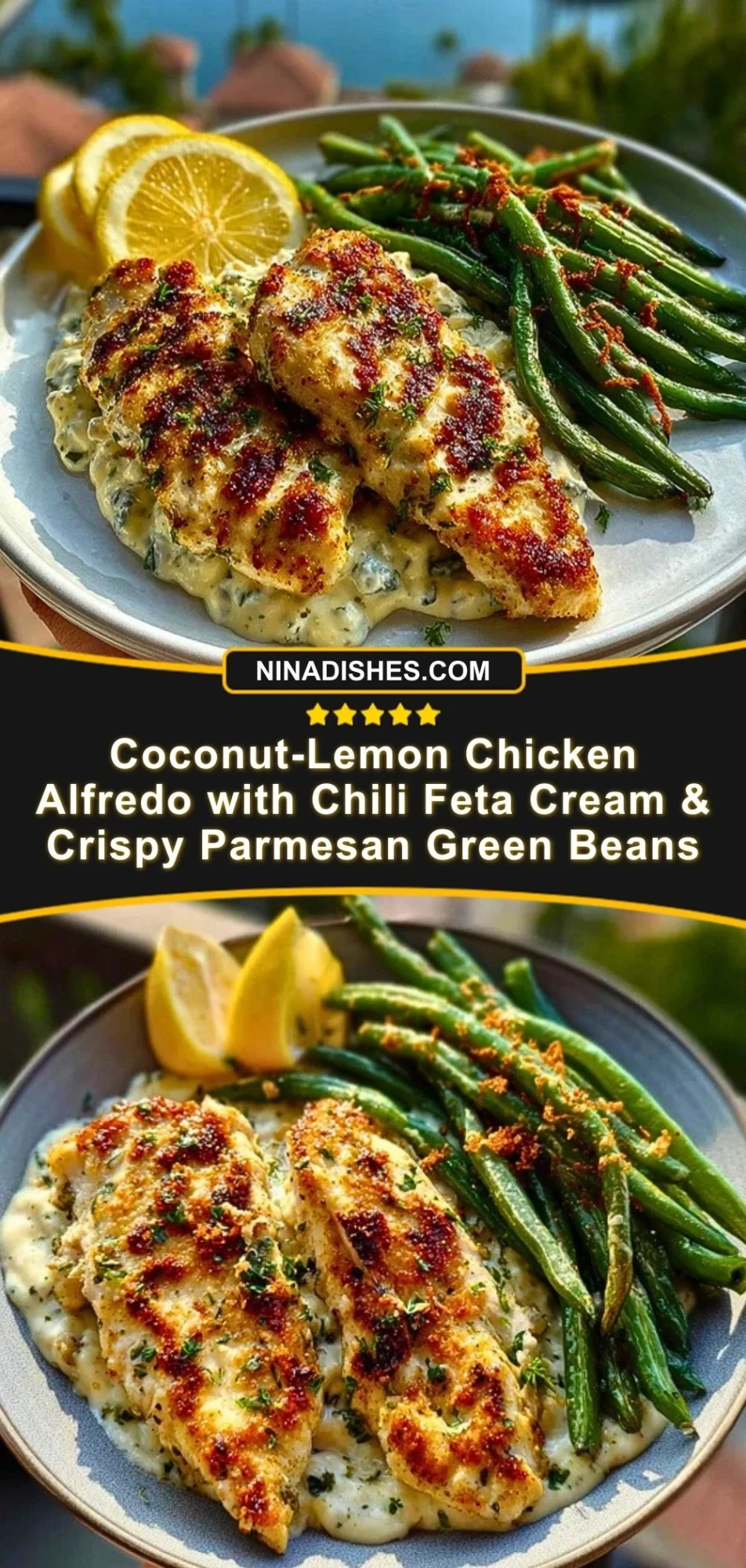 Coconut-Lemon Chicken Alfredo with Chili Feta Cream & Crispy Parmesan Green Beans Pin 2