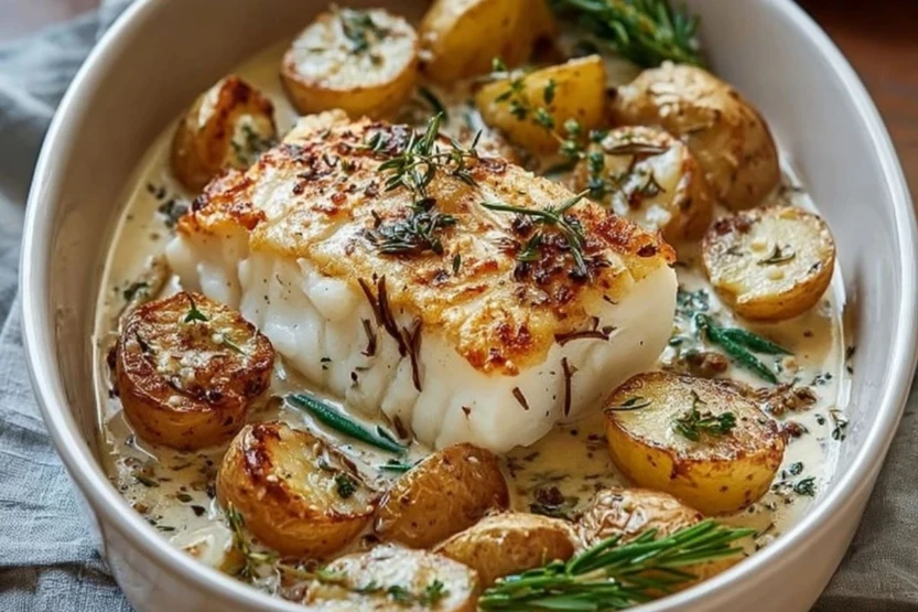 Cod and Potatoes with Rosemary Cream Sauce 1