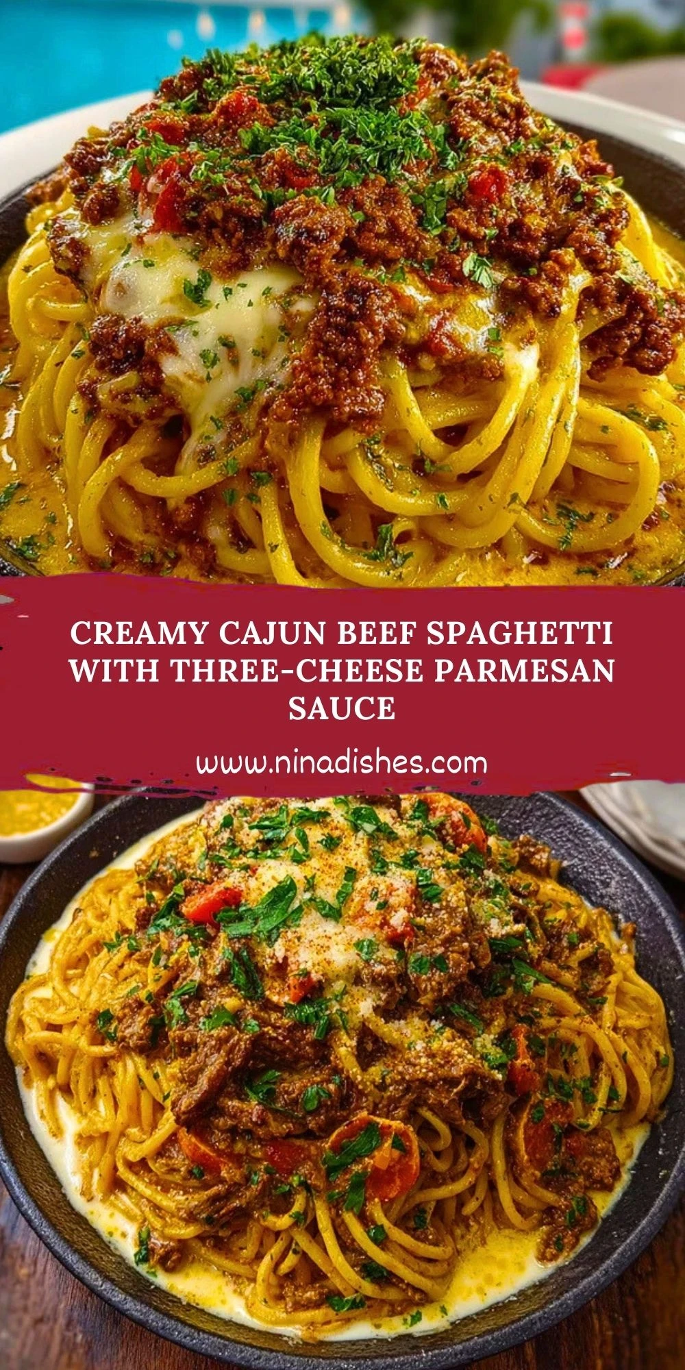 Creamy Cajun Beef Spaghetti with Three-Cheese Parmesan Sauce Pin 1