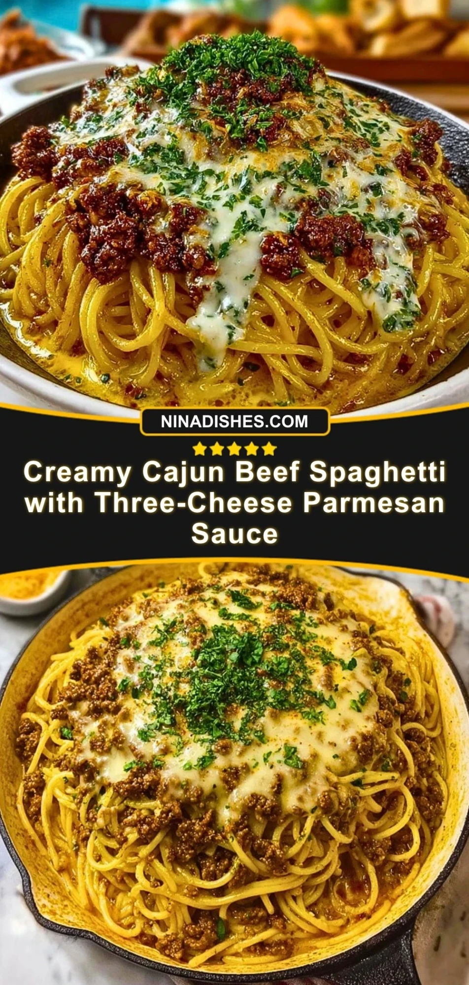 Creamy Cajun Beef Spaghetti with Three-Cheese Parmesan Sauce Pin 2