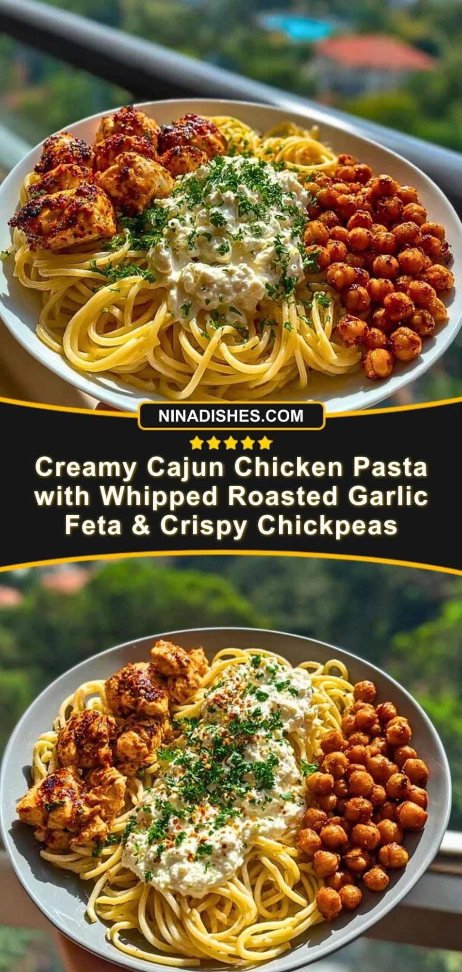 Creamy Cajun Chicken Pasta with Whipped Roasted Garlic Feta & Crispy Chickpeas Pin 2
