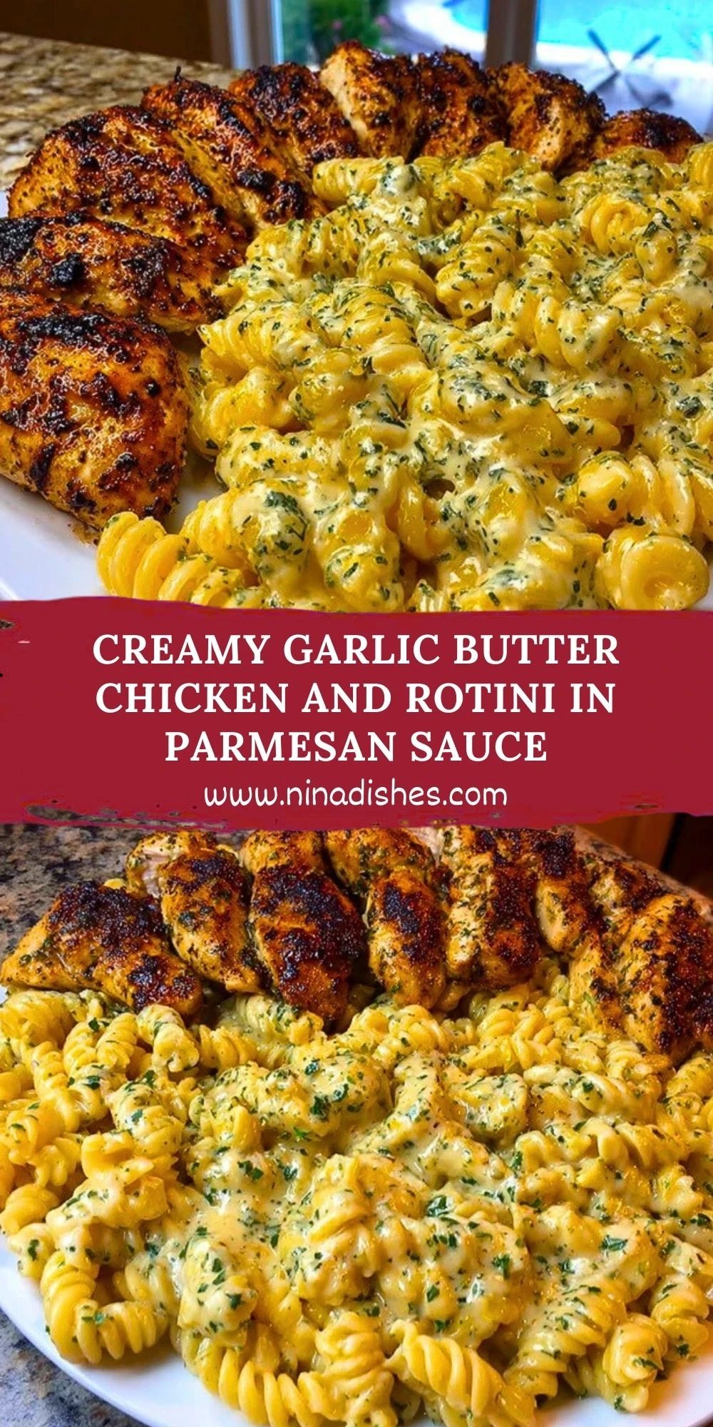 Creamy Garlic Butter Chicken and Rotini in Parmesan Sauce Pin 1