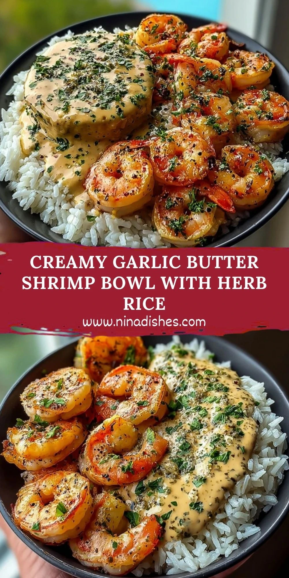 Creamy Garlic Butter Shrimp Bowl with Herb Rice Pin 1