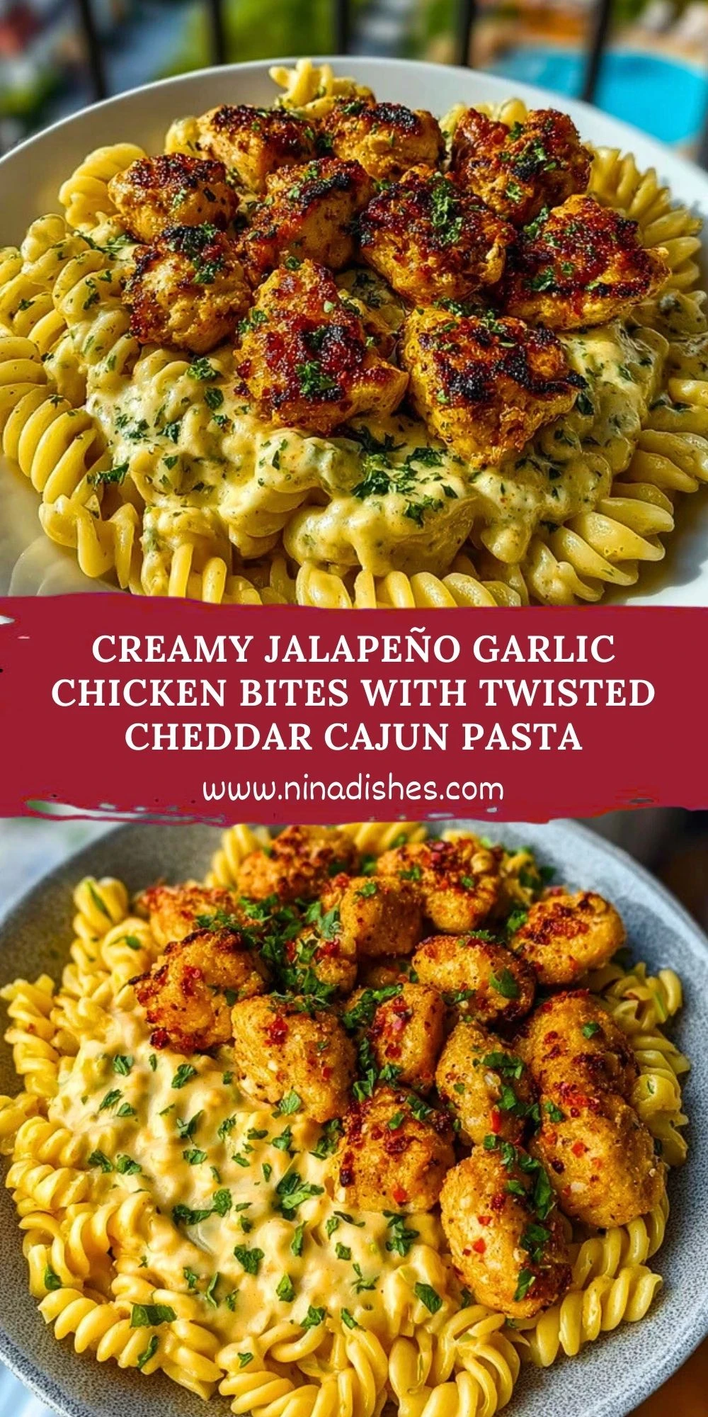 Creamy Jalapeño Garlic Chicken Bites with Twisted Cheddar Cajun Pasta Pin 1