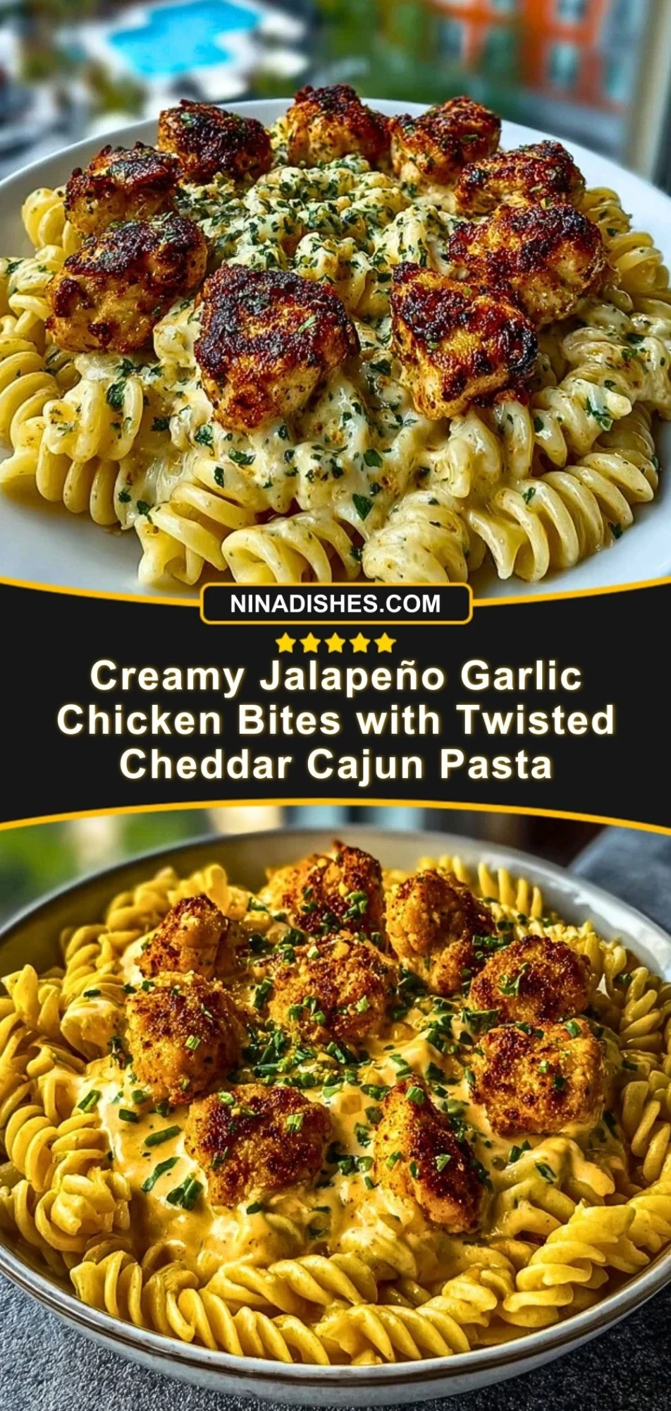 Creamy Jalapeño Garlic Chicken Bites with Twisted Cheddar Cajun Pasta Pin 2