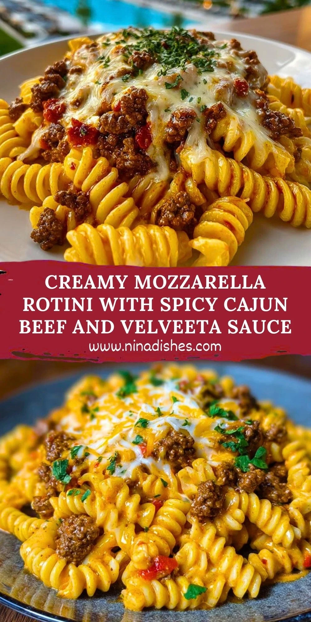 Creamy Mozzarella Rotini with Spicy Cajun Beef and Velveeta Sauce Pin 1