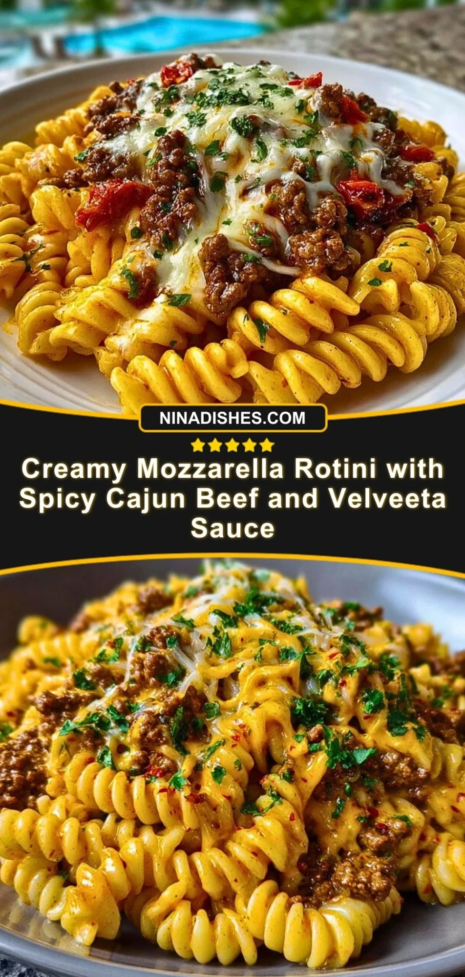 Creamy Mozzarella Rotini with Spicy Cajun Beef and Velveeta Sauce Pin 2