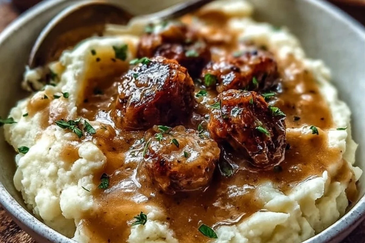 Creamy Roasted Garlic Mashed Potatoes with Savory Sausage Gravy 1