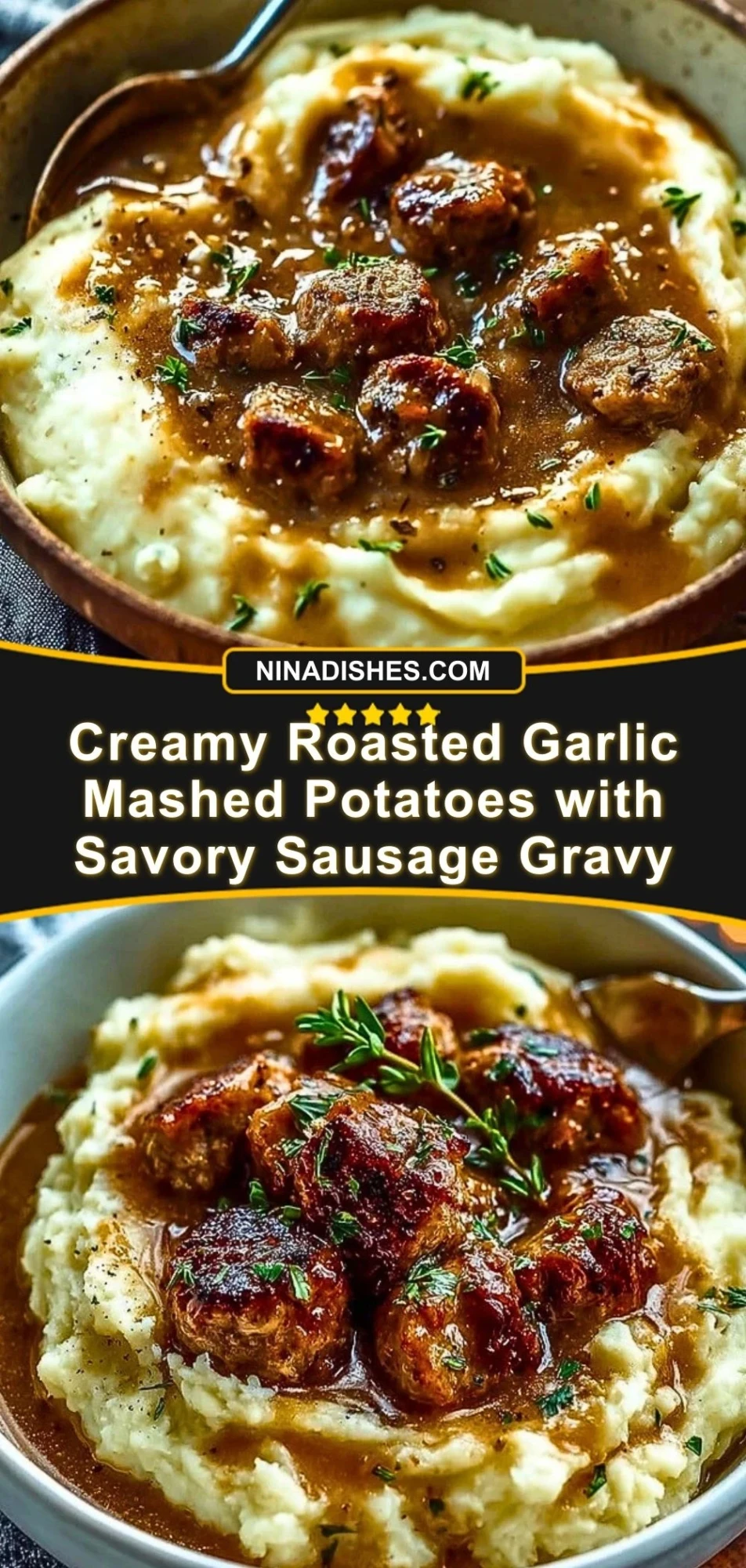 Creamy Roasted Garlic Mashed Potatoes with Savory Sausage Gravy Pin 2