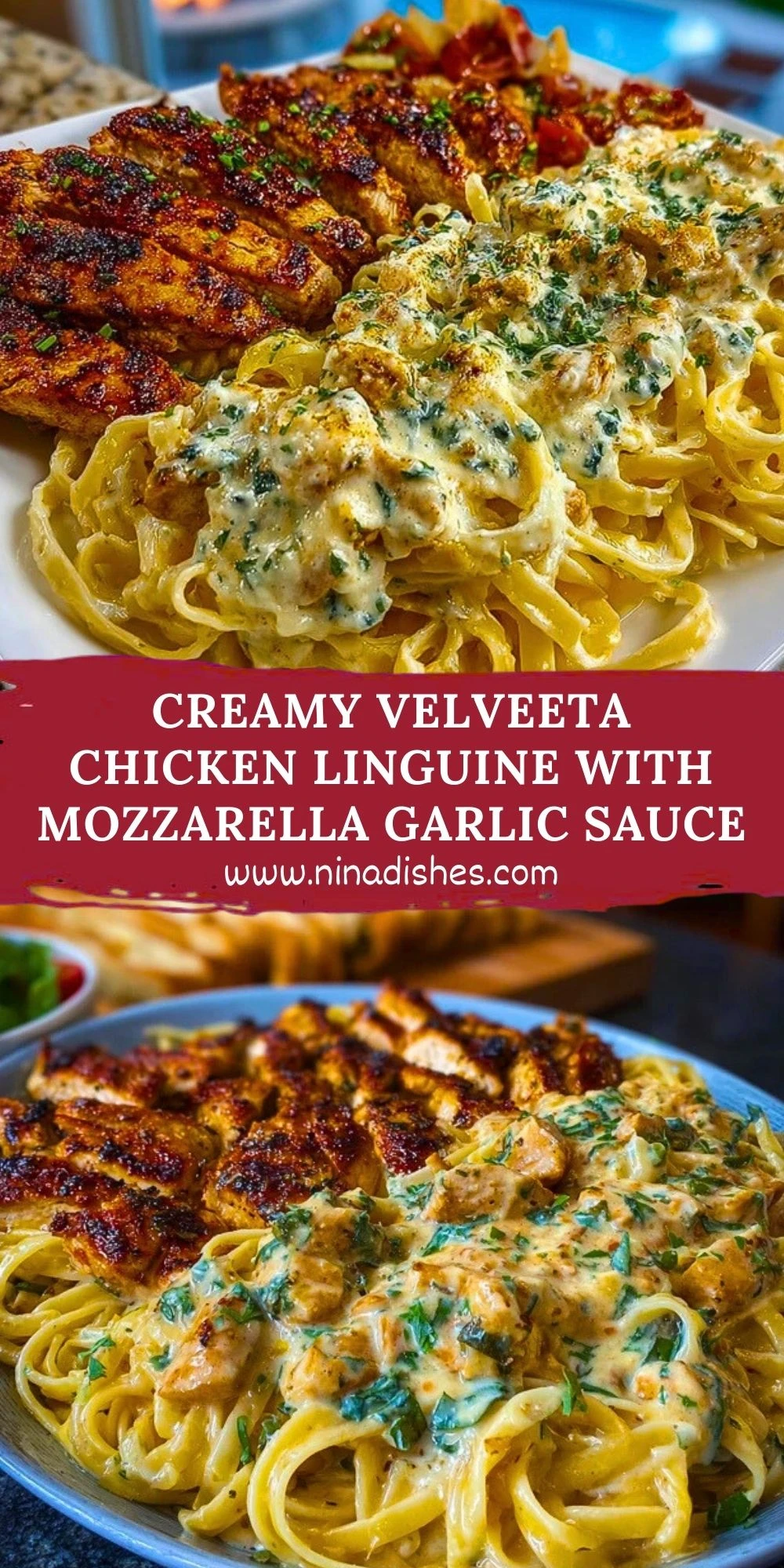 Creamy Velveeta Chicken Linguine with Mozzarella Garlic Sauce Pin