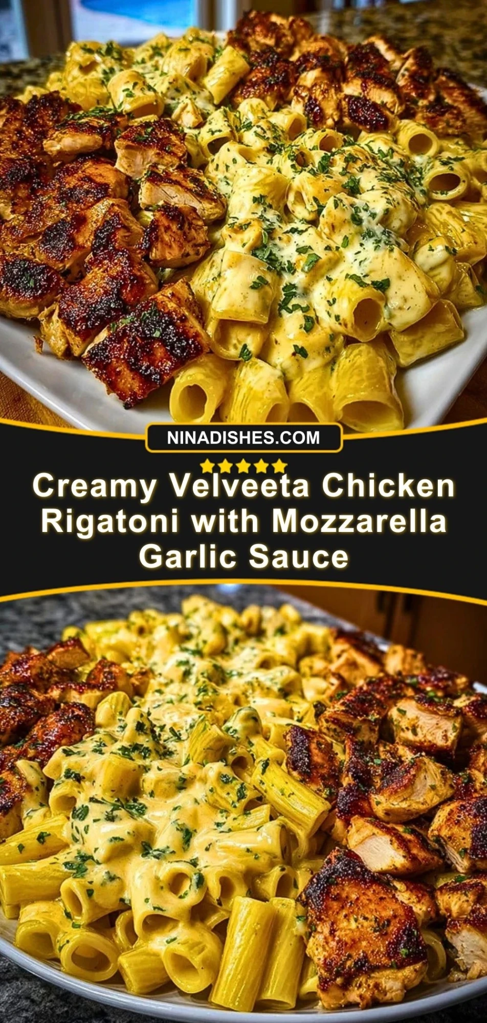 Creamy Velveeta Chicken Rigatoni with Mozzarella Garlic Sauce Pin 2