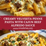 Creamy Velveeta Penne Pasta with Cajun Beef Alfredo Sauce Pin 1