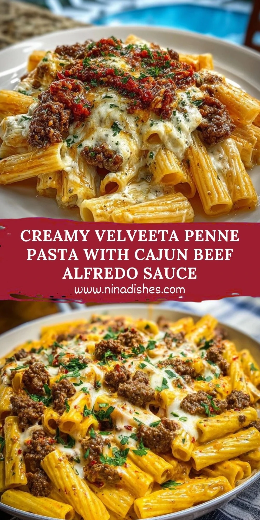 Creamy Velveeta Penne Pasta with Cajun Beef Alfredo Sauce Pin 1