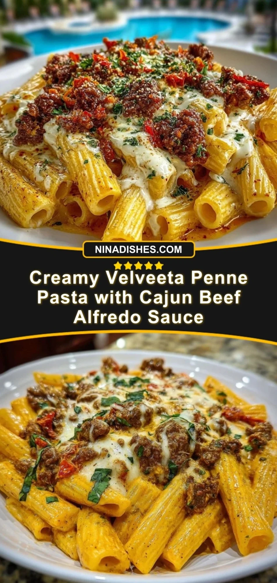 Creamy Velveeta Penne Pasta with Cajun Beef Alfredo Sauce Pin 2