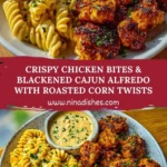 Crispy Chicken Bites & Blackened Cajun Alfredo with Roasted Corn Twists Pin 1