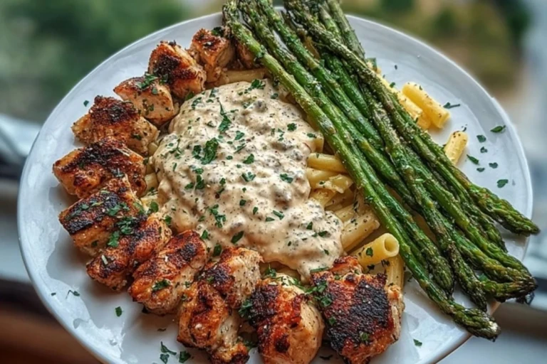 Delicious Greek Chili Chicken Alfredo with Smoked Feta Cream & Crispy Parmesan Asparagus 1