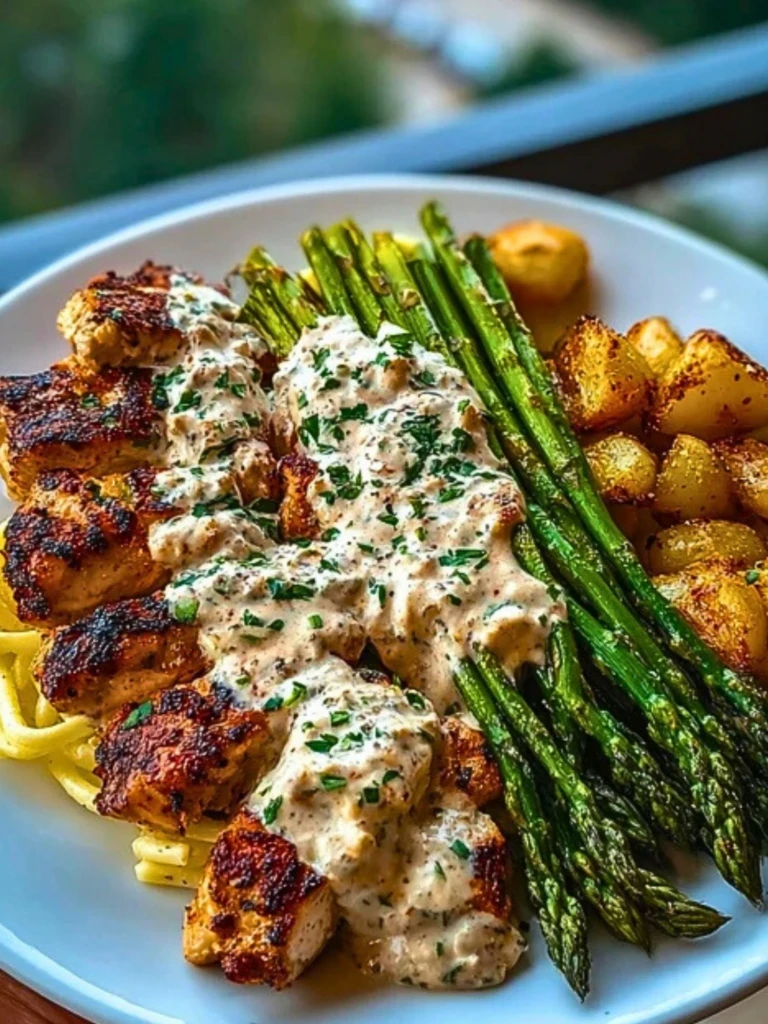 Delicious Greek Chili Chicken Alfredo with Smoked Feta Cream & Crispy Parmesan Asparagus 2