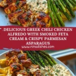 Delicious Greek Chili Chicken Alfredo with Smoked Feta Cream & Crispy Parmesan Asparagus Pin
