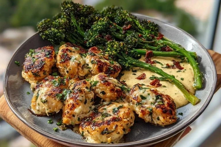 Easy Garlic-Parmesan Chicken Bites Recipe with Sun-Dried Tomato Cajun Alfredo & Charred Broccolini 1