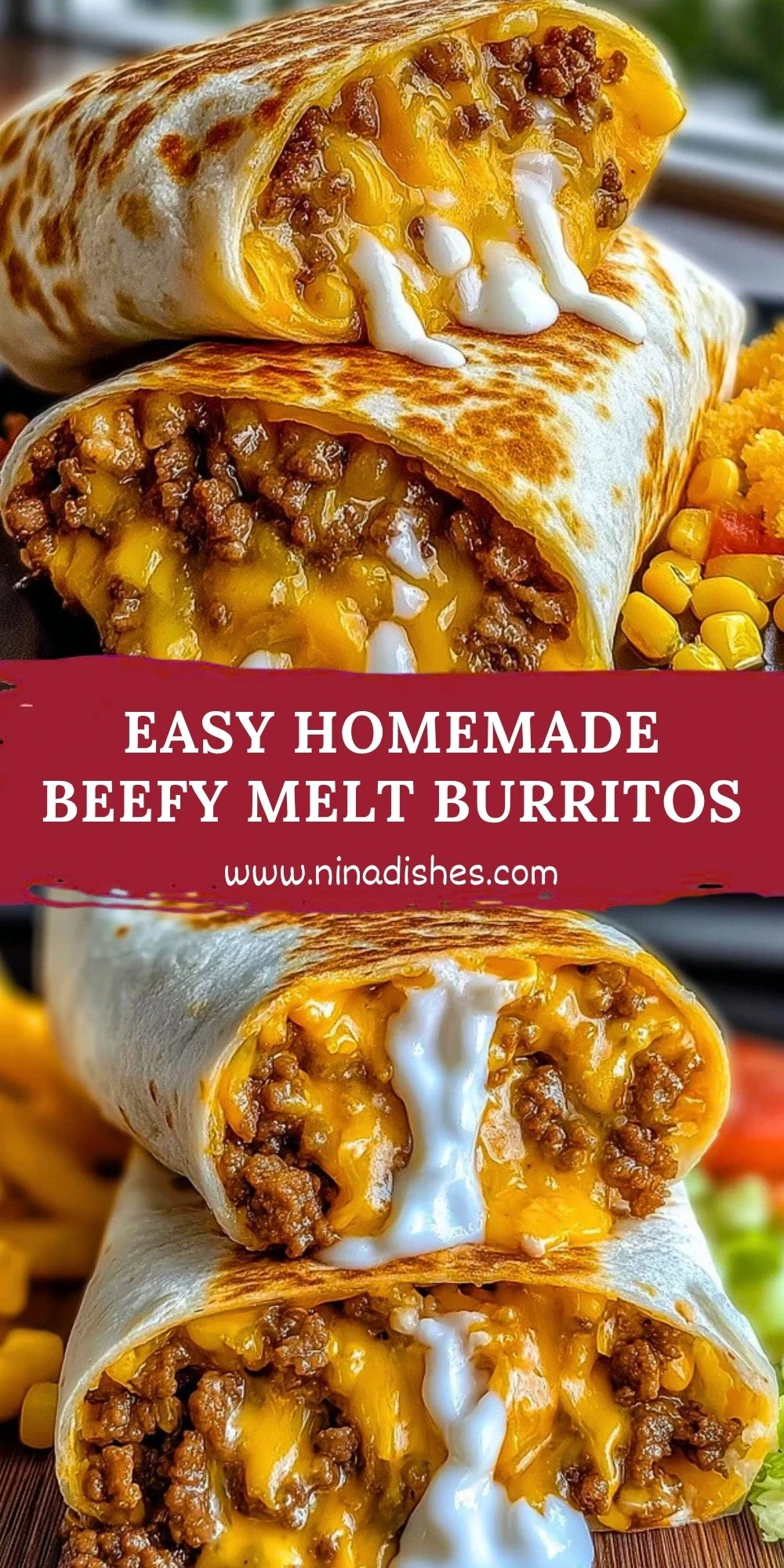 Easy Homemade Beefy Melt Burritos Pin 1