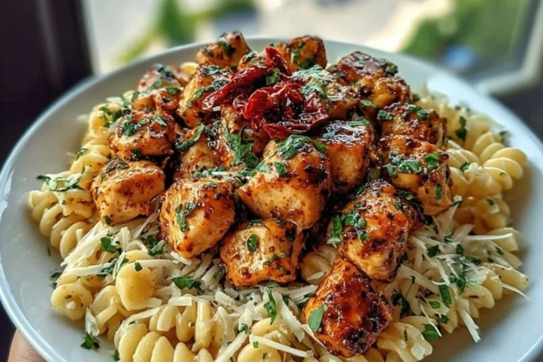 Easy Tuscan Garlic Chicken Bites & Sun-Dried Tomato Cajun Alfredo Pasta Recipe 1