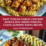 Easy Tuscan Garlic Chicken Bites & Sun-Dried Tomato Cajun Alfredo Pasta Recipe Pin 1