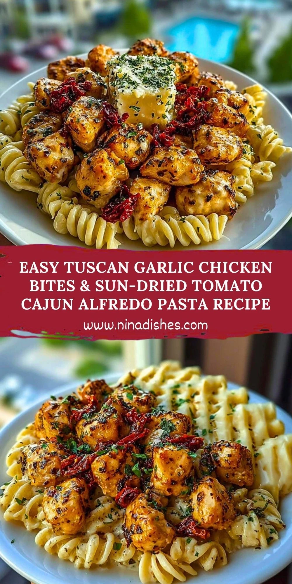 Easy Tuscan Garlic Chicken Bites & Sun-Dried Tomato Cajun Alfredo Pasta Recipe Pin 1