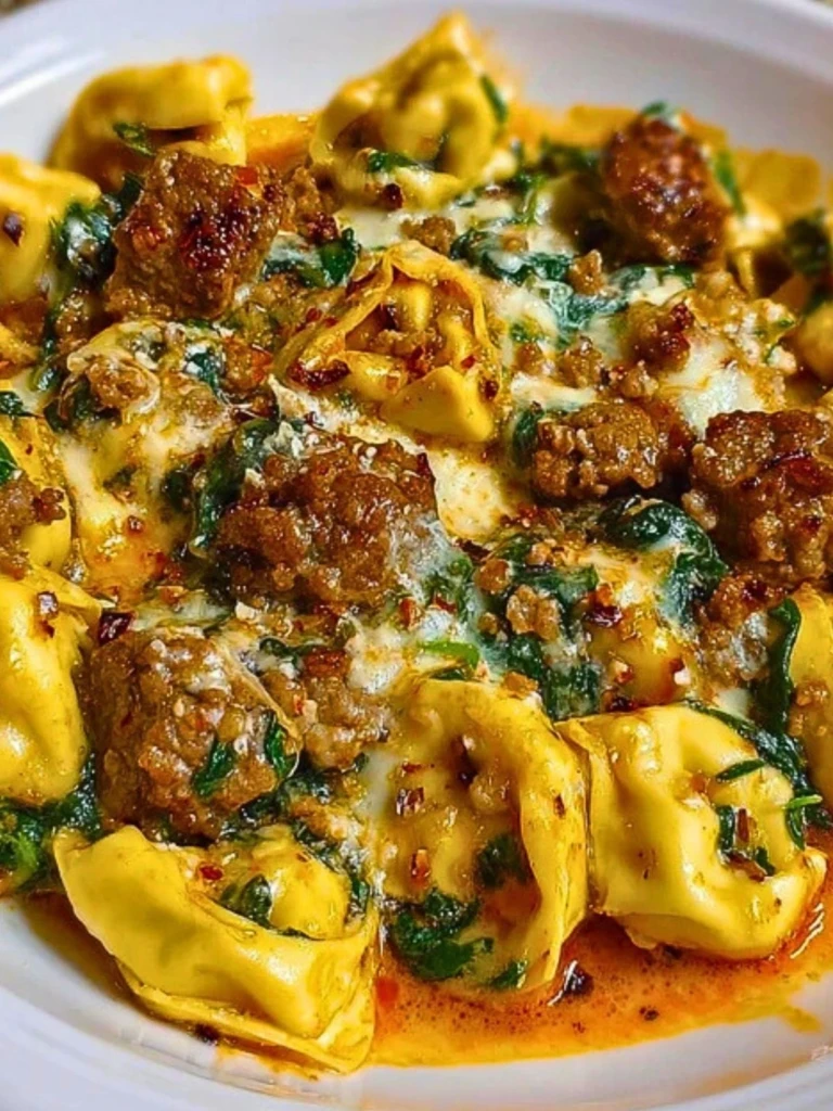 Garlic Butter Tortellini in Creamy Sauce with Beef, Italian Sausage & Spinach (1)