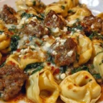 Garlic Butter Tortellini in Creamy Sauce with Beef, Italian Sausage & Spinach
