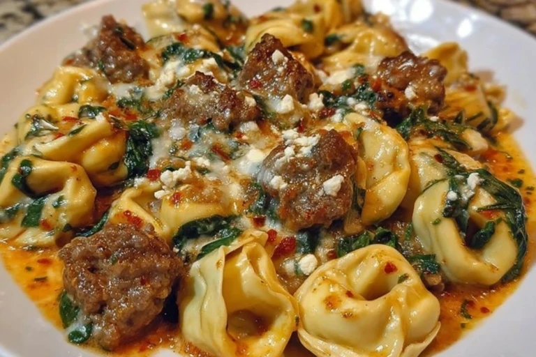 Garlic Butter Tortellini in Creamy Sauce with Beef, Italian Sausage & Spinach