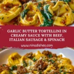 Garlic Butter Tortellini in Creamy Sauce with Beef, Italian Sausage & Spinach Pin 1